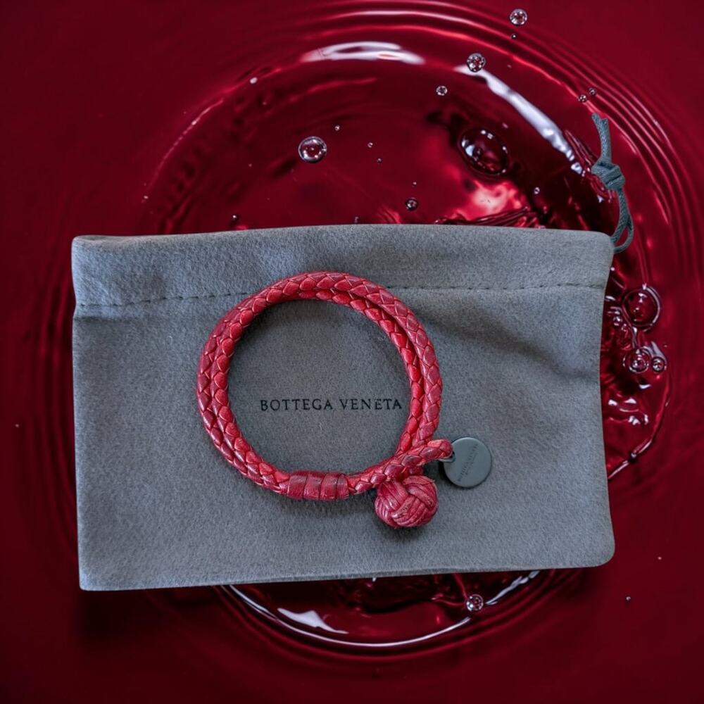 Authentic Bottega Veneta Intrecciato Double Bracelet Red Lambskin Gunmetal